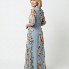 Blue floral wrap V-neck maxi dress with belt tie, 3/4 sleeves, side view