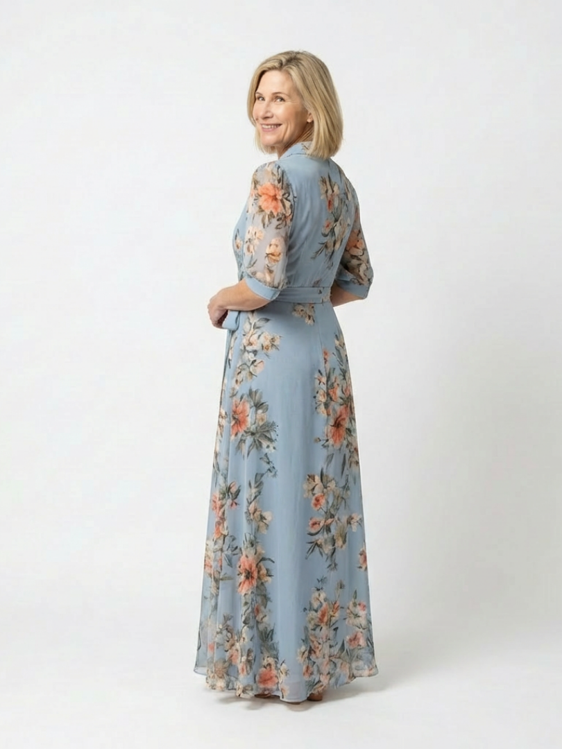 Blue floral wrap V-neck maxi dress with belt tie, 3/4 sleeves, side view