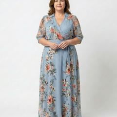 Blue floral wrap V-neck maxi dress with cascading wrap front and tied waist