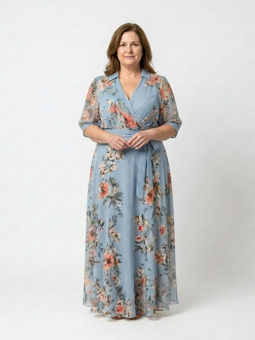 Blue floral wrap V-neck maxi dress with cascading wrap front and tied waist