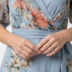 Blue floral wrap V-neck maxi dress; waist sash tied in front, 3/4 sleeves