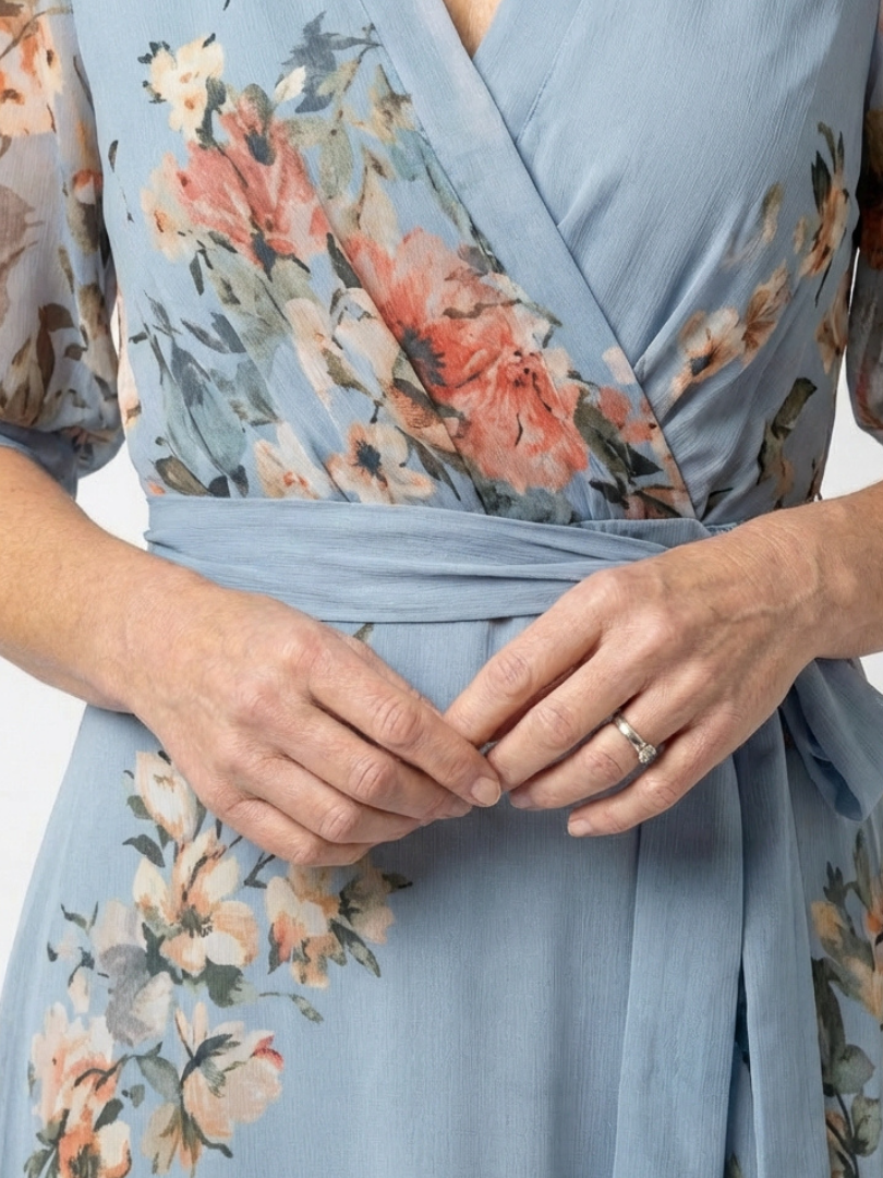 Blue floral wrap V-neck maxi dress; waist sash tied in front, 3/4 sleeves