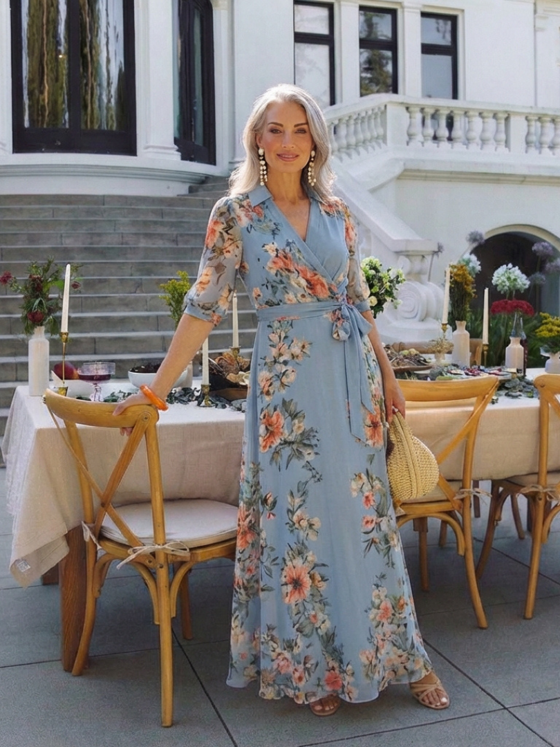 Blue floral wrap V-neck maxi dress with floral print and waist sash, front view