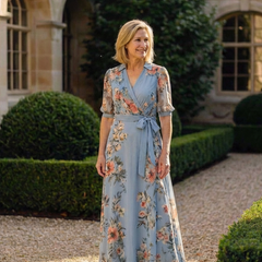 Blue floral wrap V-neck maxi dress with 3/4 sleeves and tied waist, full length