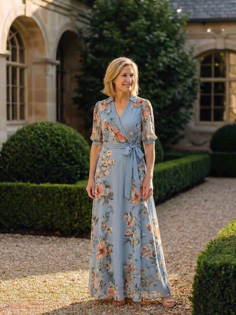 Blue floral wrap V-neck maxi dress with 3/4 sleeves and tied waist, full length