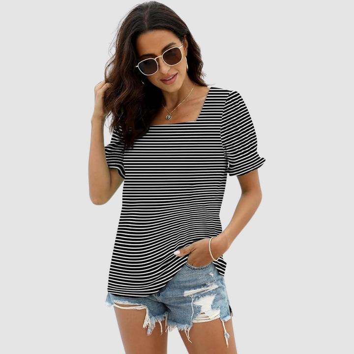 Célina™ square neck top with black and white stripes and short sleeves