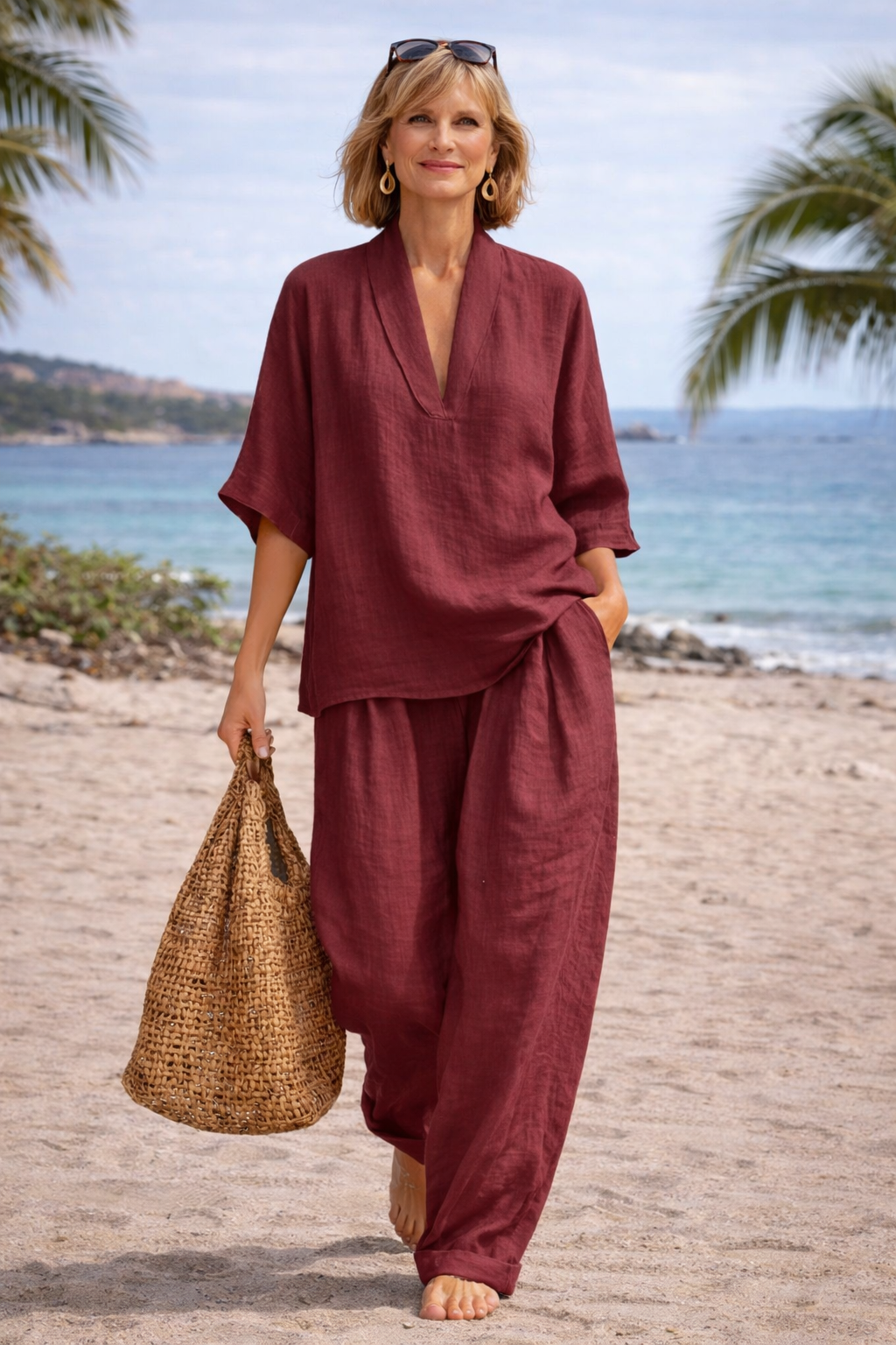 Wine linen two-piece set with V-neck top and loose straight-leg pants