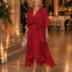 V-neck dress, deep red with tied waist and cape-style flutter sleeves