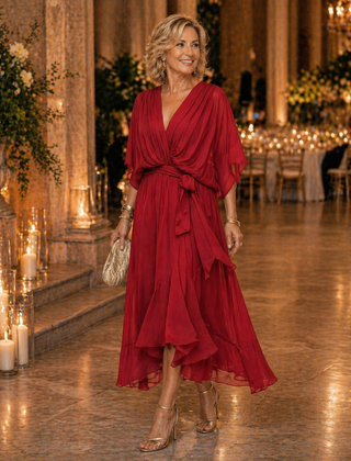 V-neck dress, deep red with tied waist and cape-style flutter sleeves