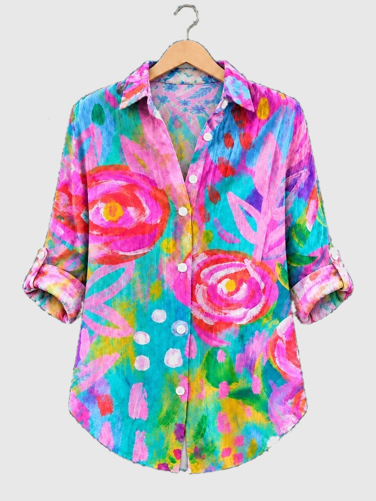 Multicolour abstract bloom button-up shirt with collared neckline and 3/4 sleeves