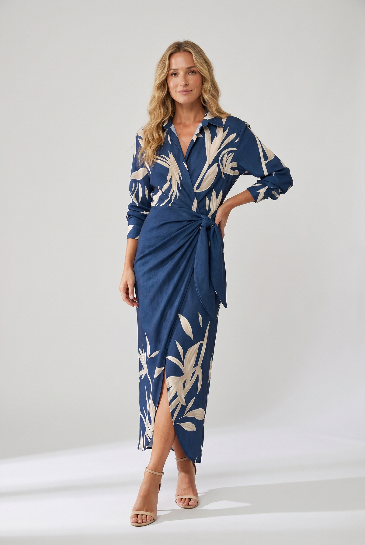 Blue leaf print wrap maxi dress with V-neckline and belt tie at waist