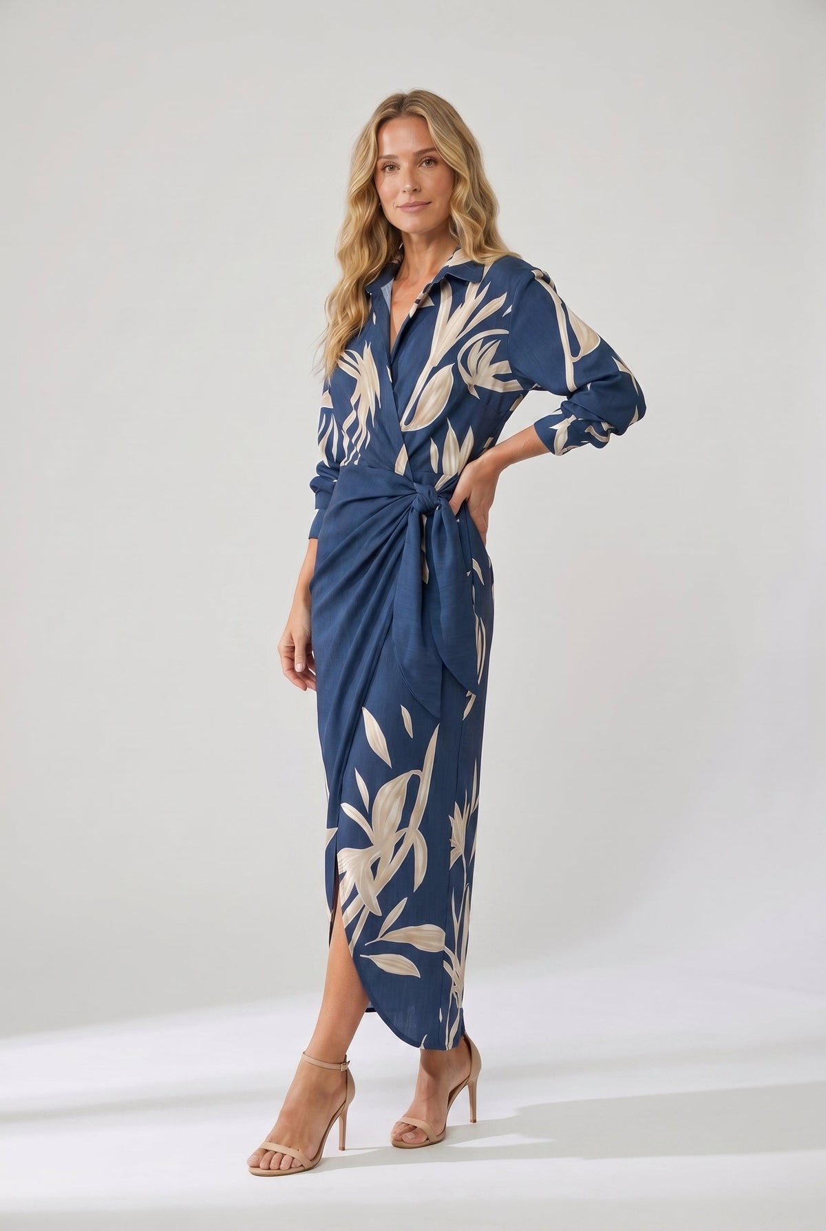 Blue leaf print long-sleeve wrap maxi dress with V-neck and side slit hem