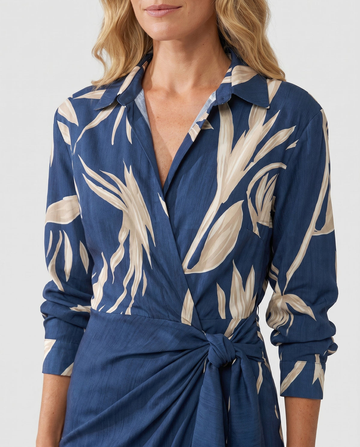 Blue leaf print V-neck wrap maxi dress with gathered waist tie detail