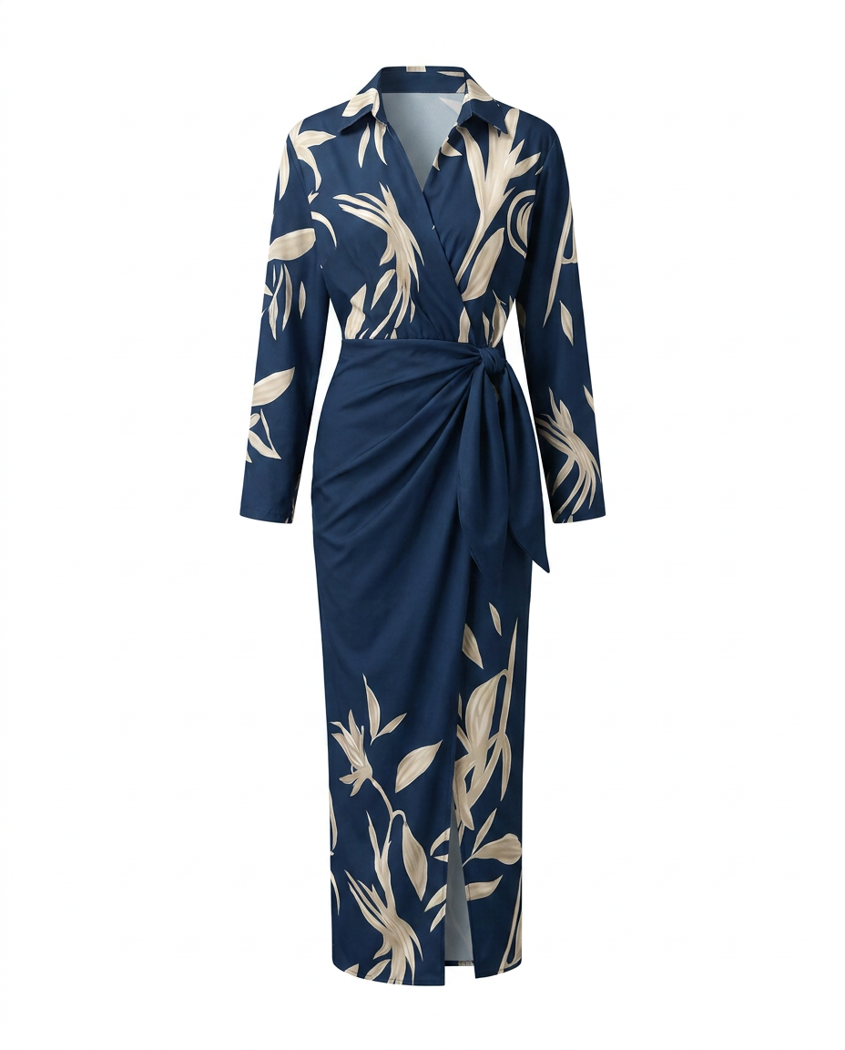 Navy blue leaf print maxi wrap dress with V-neck and waist tie belt