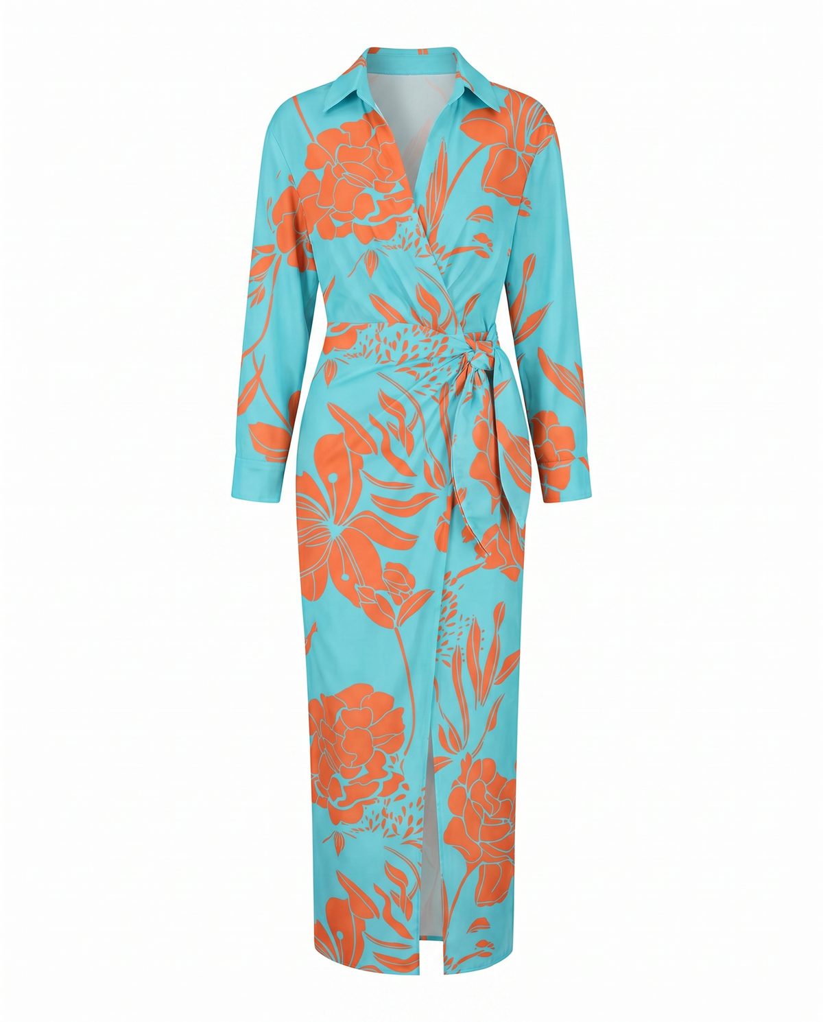Aqua and orange floral print maxi wrap dress with V-neck and waist tie