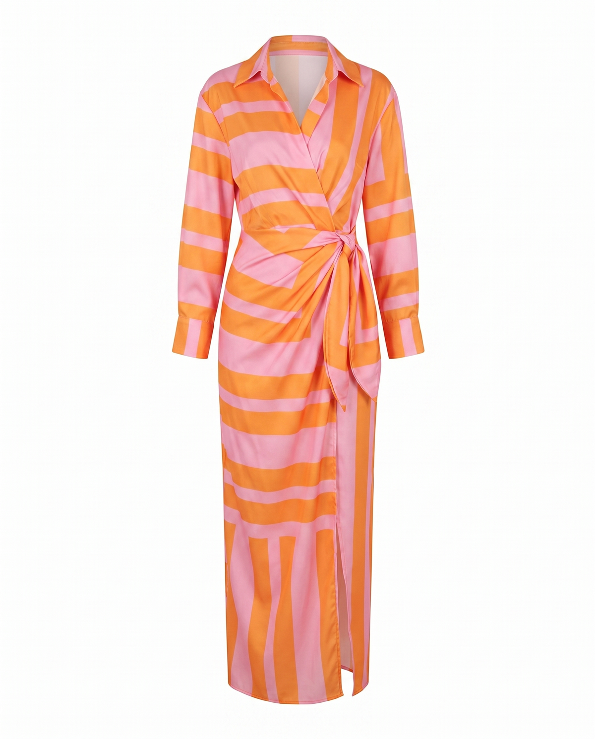 Pink and orange striped maxi wrap dress with V-neck and waist tie