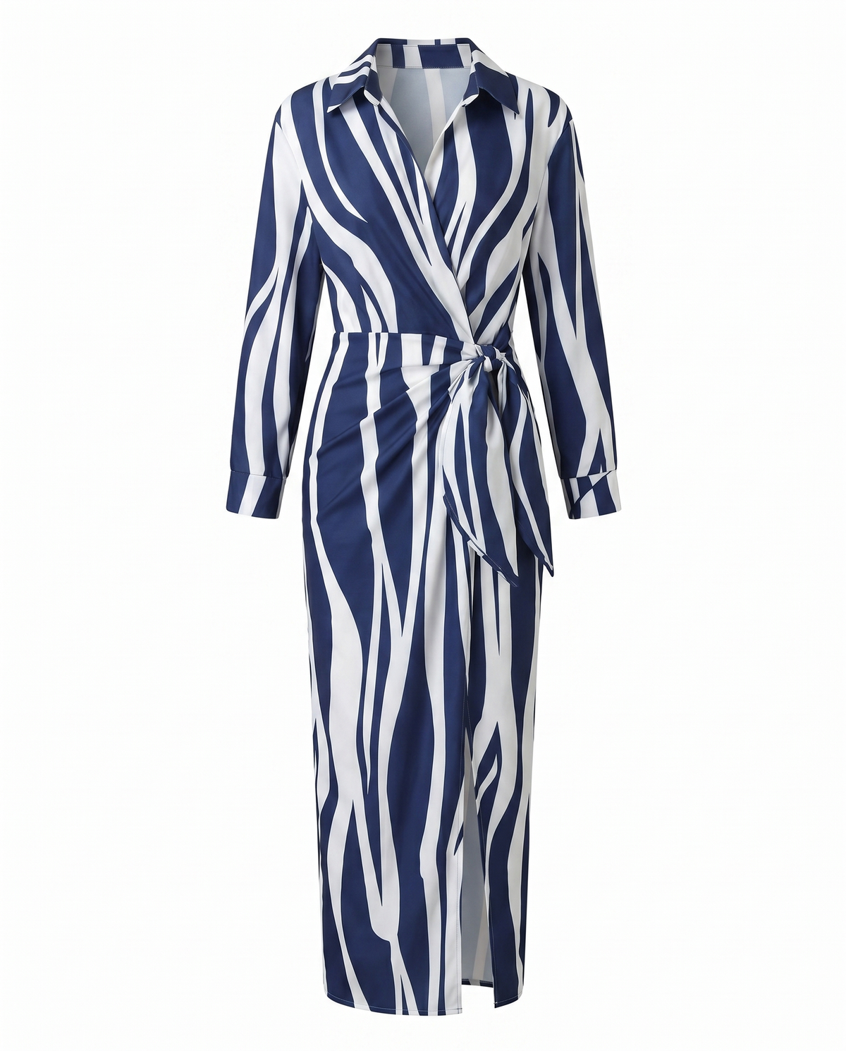 Navy and white abstract print maxi wrap dress with V-neck and waist tie