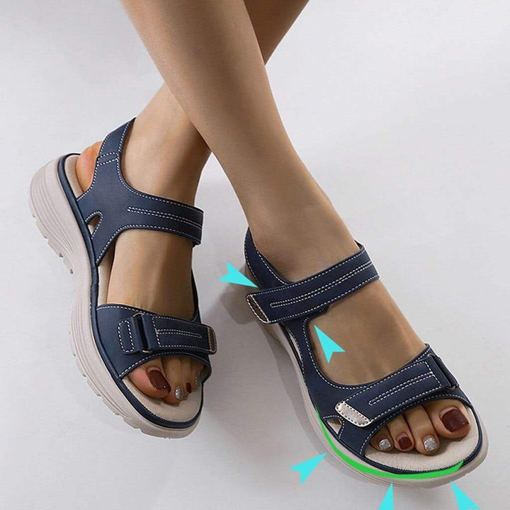 Blue supportive sandal with double straps and chunky cushioned sole