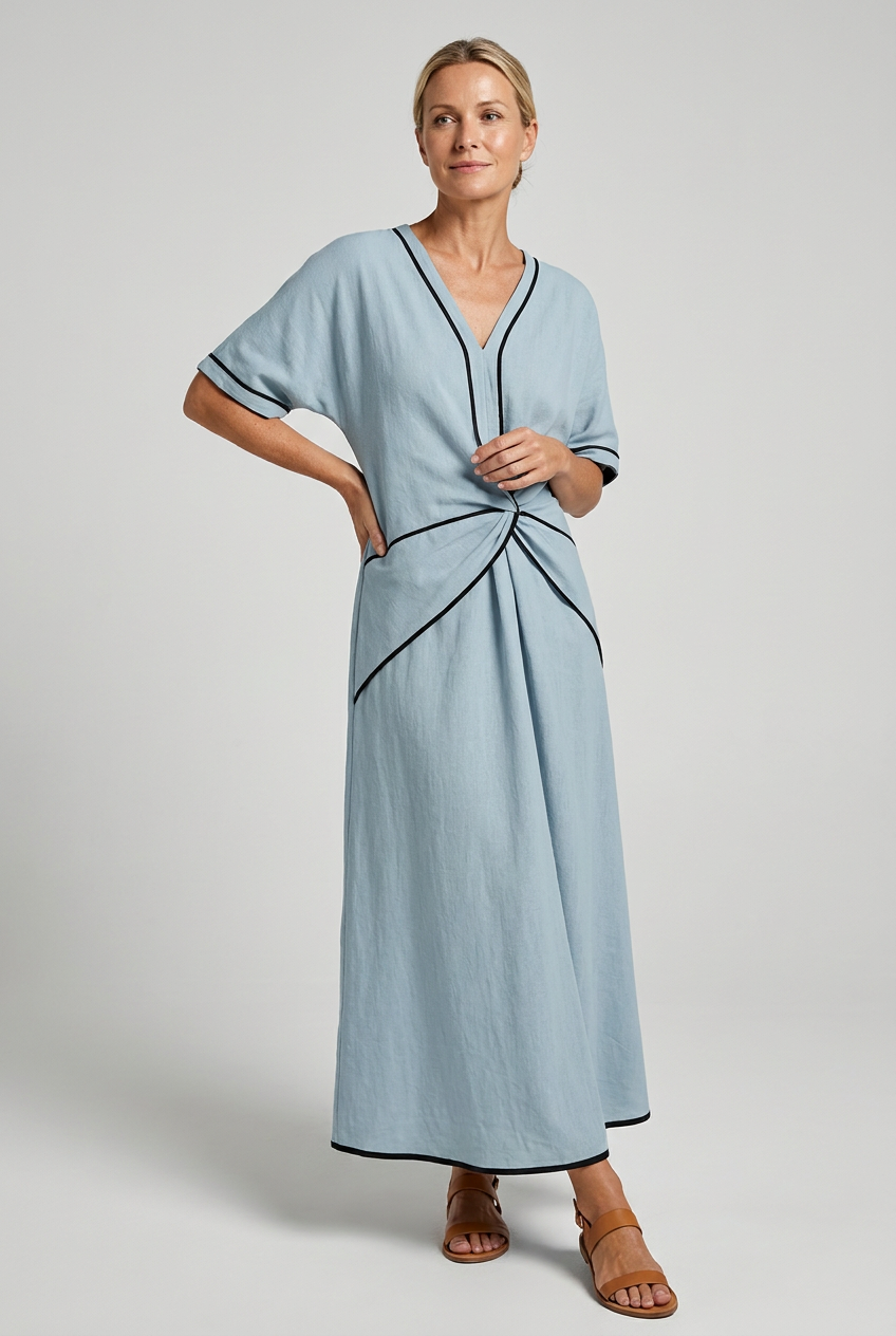 Women's twist-front V-neck maxi dress in blue with contrast trim and short sleeves
