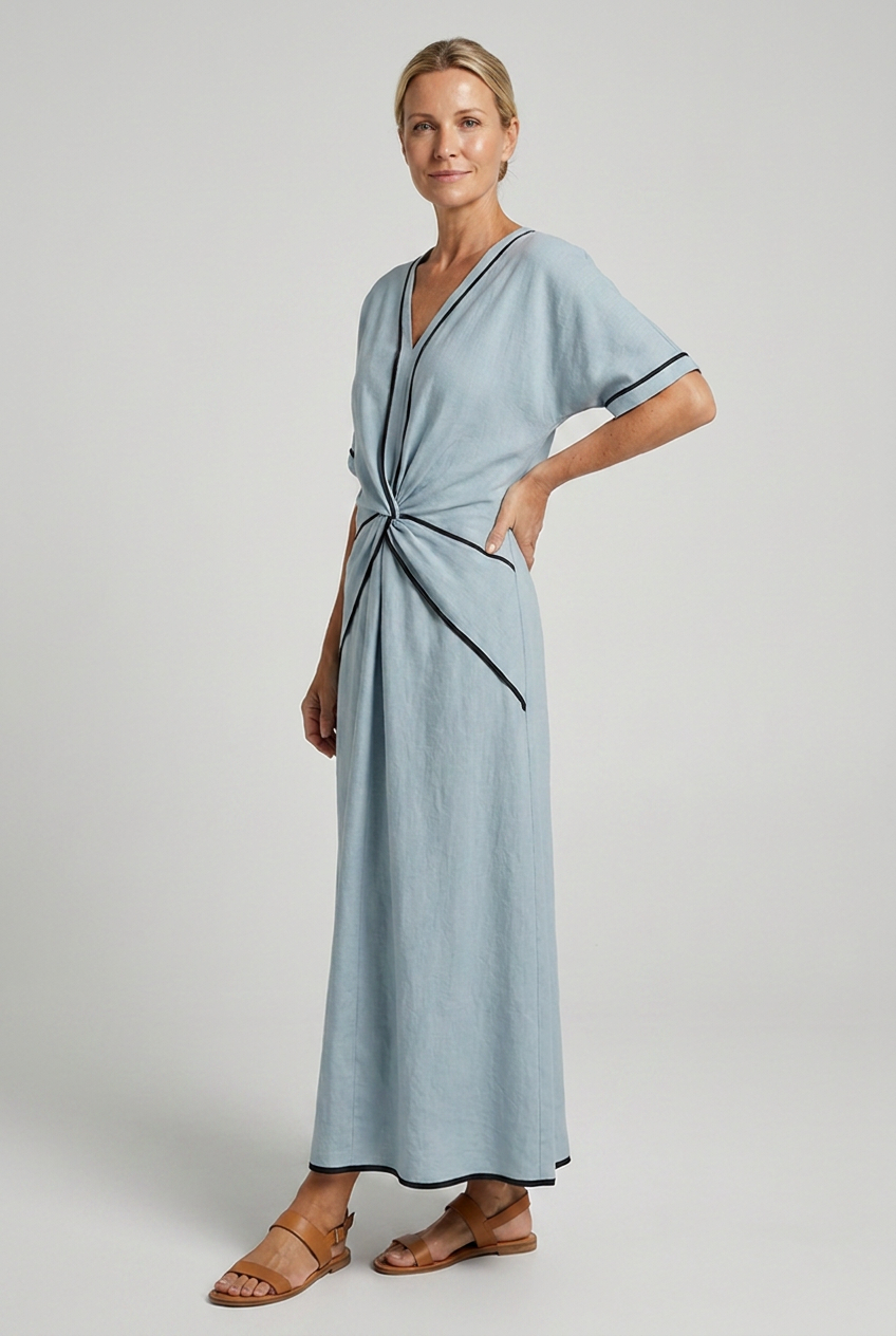 Women's twist-front V-neck maxi dress in blue, side view, short sleeves, contrast trim