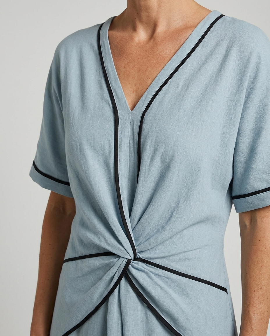 Women's twist-front V-neck maxi dress neckline close-up in blue with contrast trim