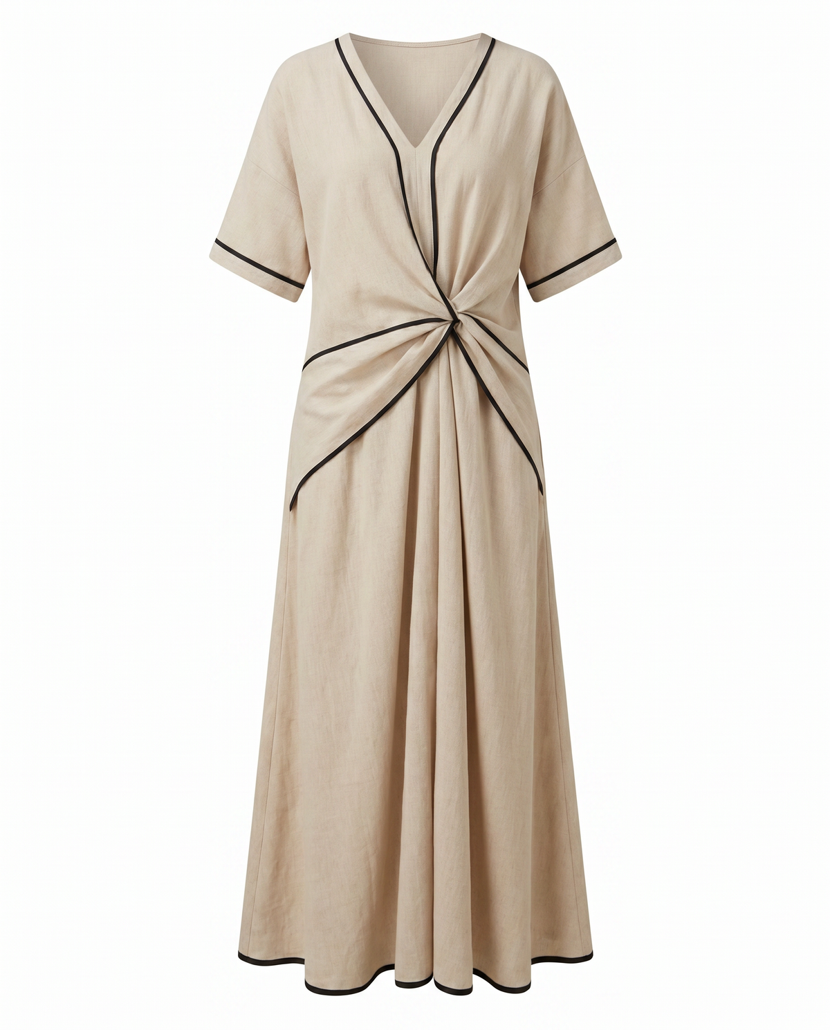 Twist-front V-neck maxi dress in beige with black contrast trim, short sleeves
