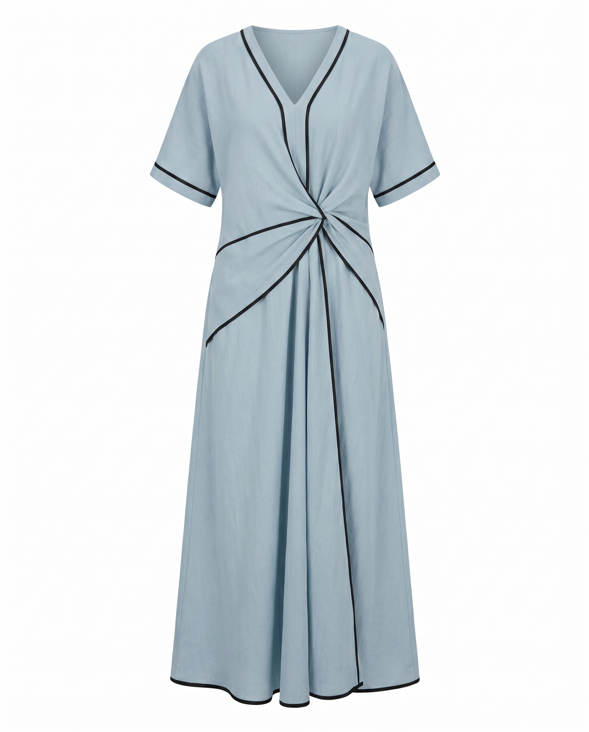 Twist-front V-neck maxi dress in blue with black contrast trim, short sleeves