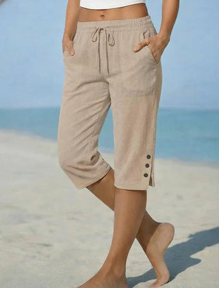 Delphia™ women's calf-length capri pants in beige with drawstring waist and side buttons