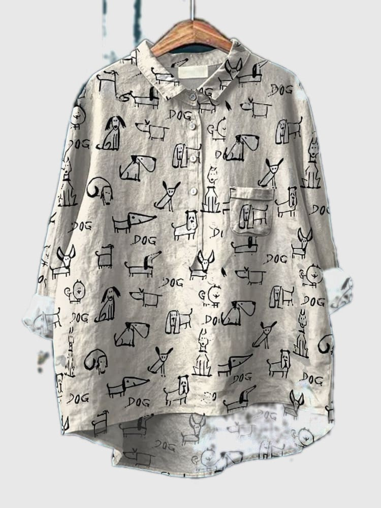 White dog doodle button-up shirt, long sleeves, all-over cartoon dog and bone prints