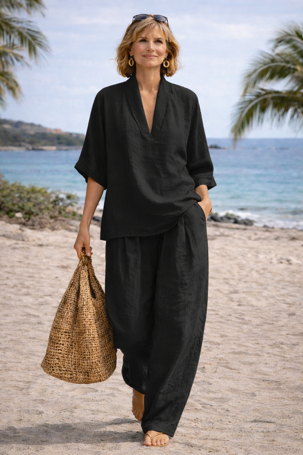 Black linen two-piece set with V-neck top and relaxed straight-leg pants