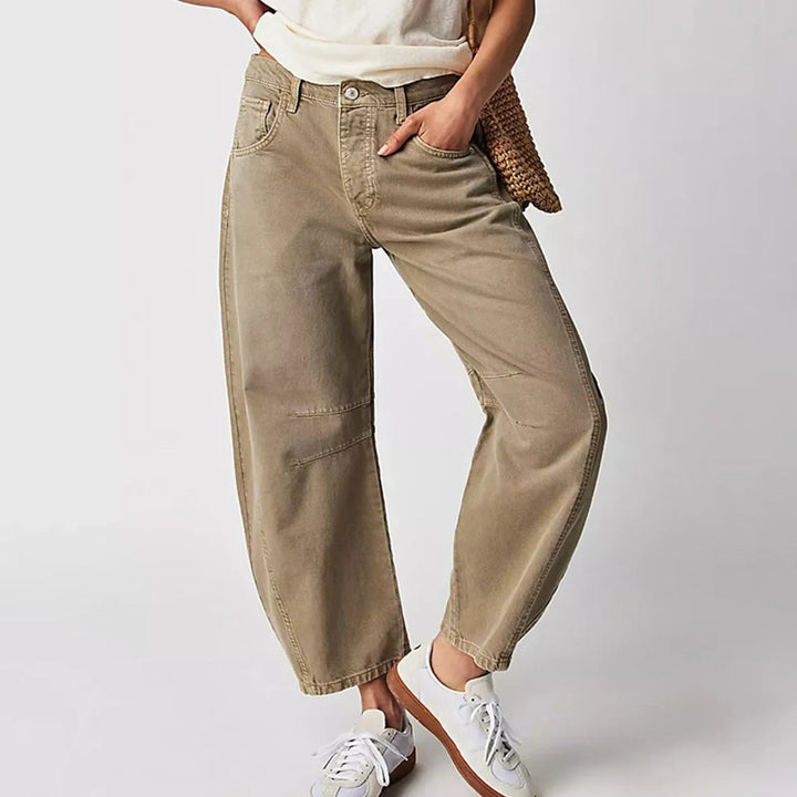 Beige wide-leg jeans with belt loops, button closure, and front patch pockets.