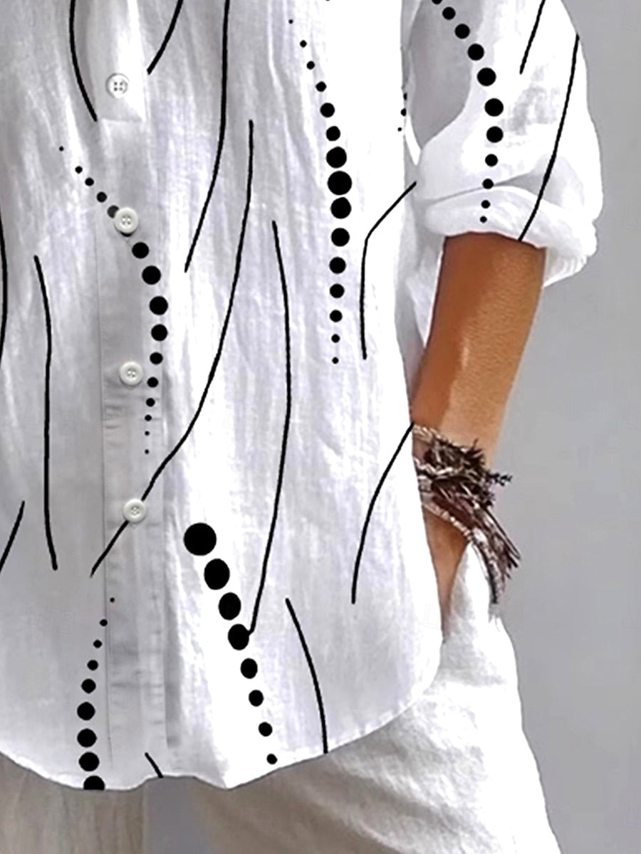 Kristen™ white button blouse close-up: black dot-and-line print, white buttons